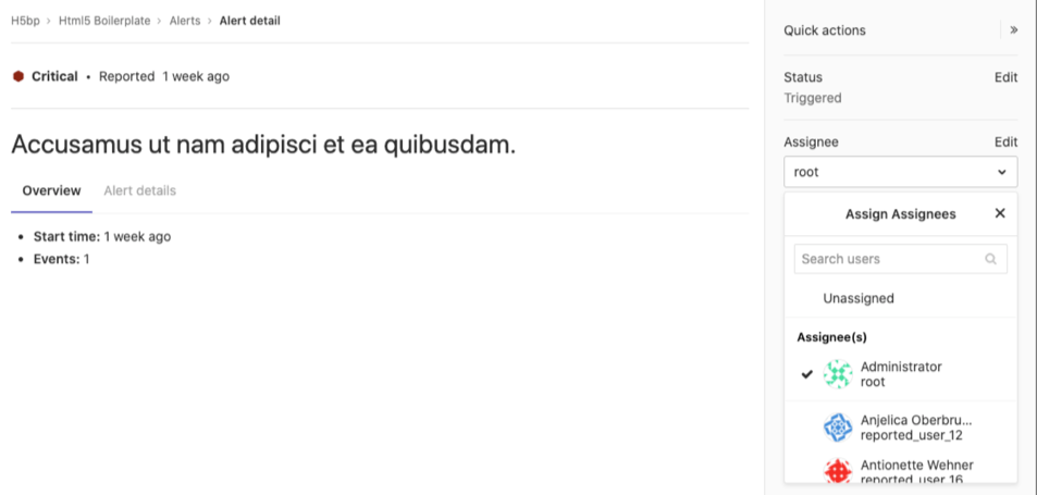 Alert details page with the right sidebar expanded, showing the Assignee dropdown list for assigning or unassigning users